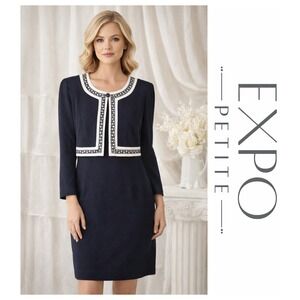 Expo Petite Vintage 80s Elegant Navy Blue White Crop Faux Jacket Sheath Dress S
